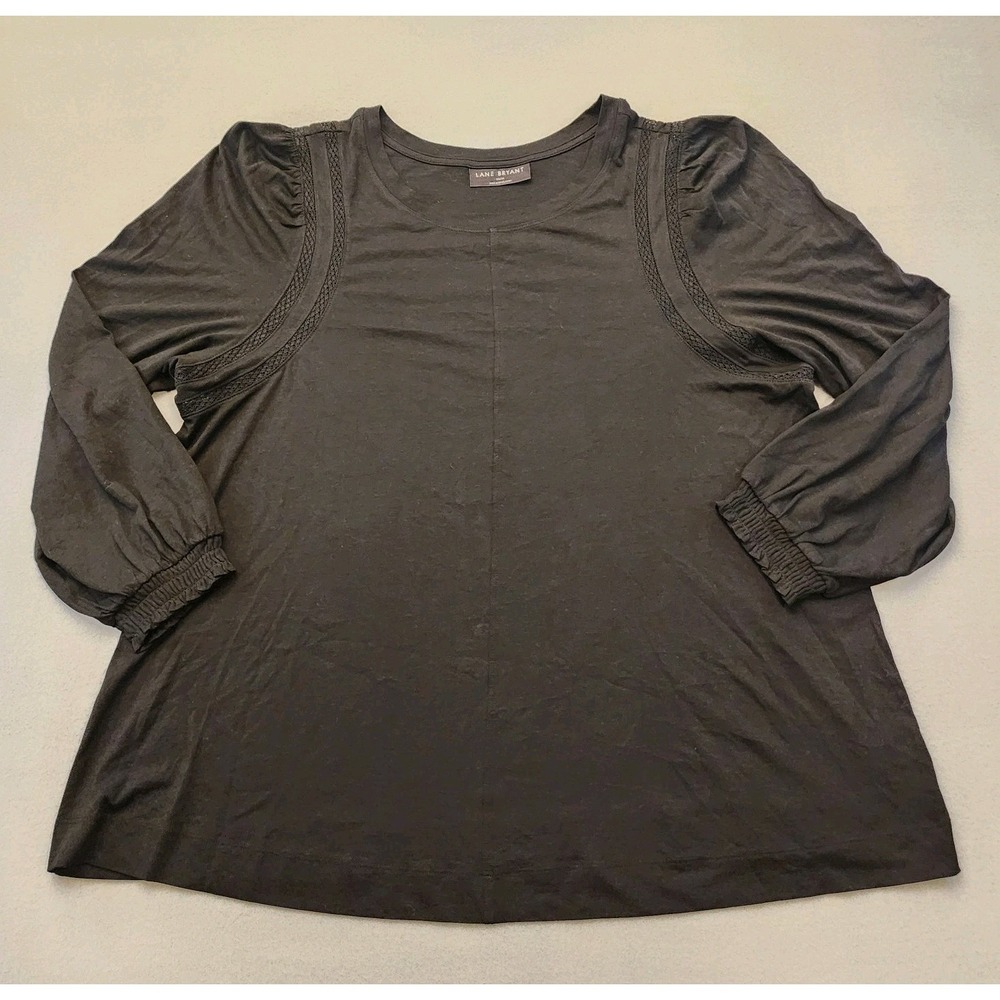 Lane Bryant Black Puff Sleeve Top Womens 14/16 Crochet Trim Boho Blouse